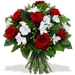 Bouquet de roses rouges et fleurs blanches | Fleurs Flora